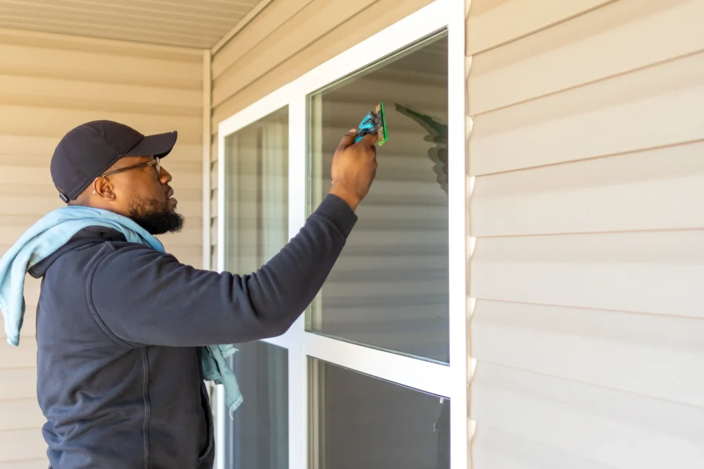 Technician squeegeeing a residential window